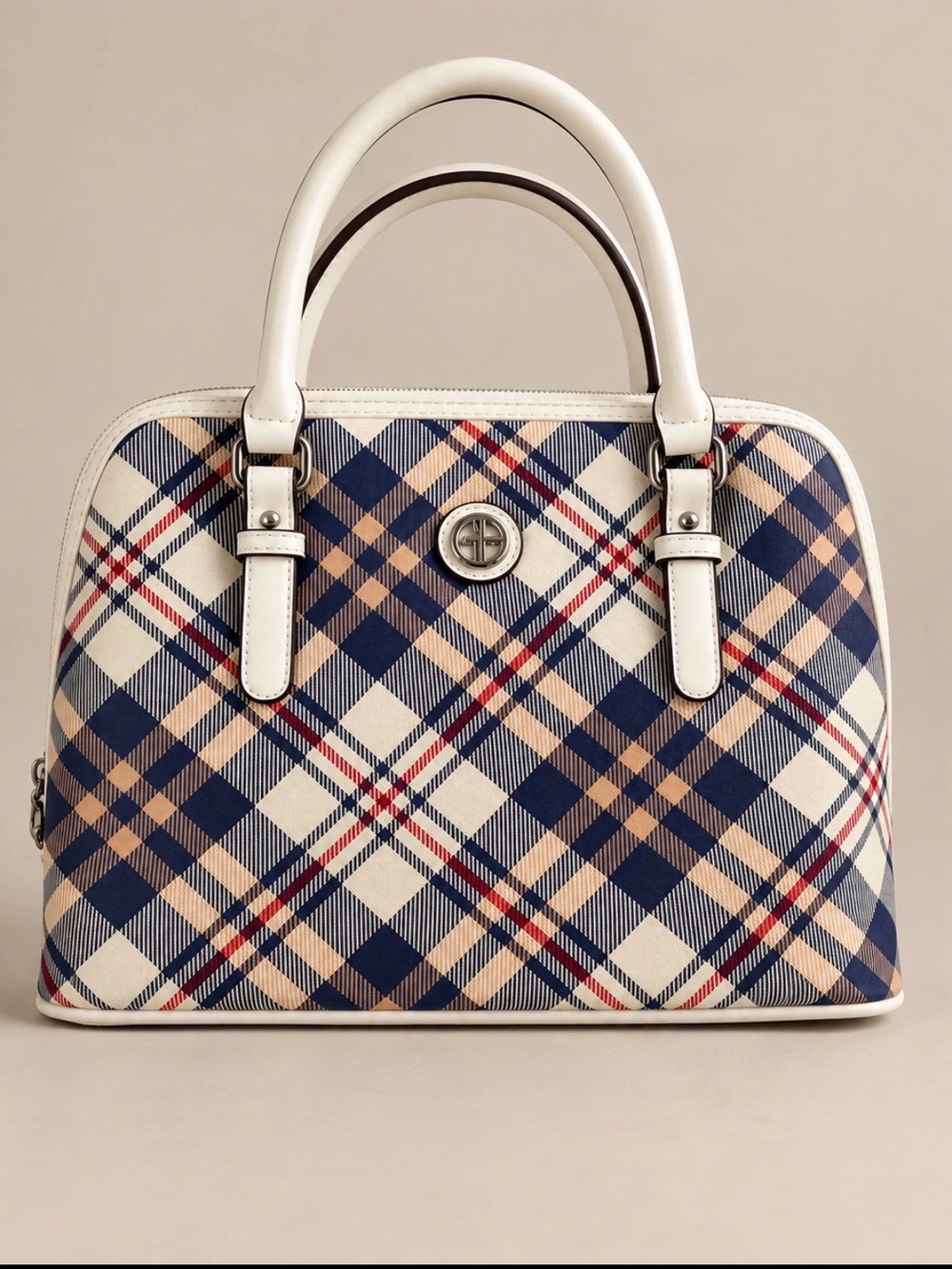Giani Bernini Plaid Satchel Handbag NWOT Navy Tan Red White